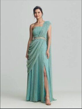 HoliCHIC Avni Sage Sequin One Shoulder Sari Gown L